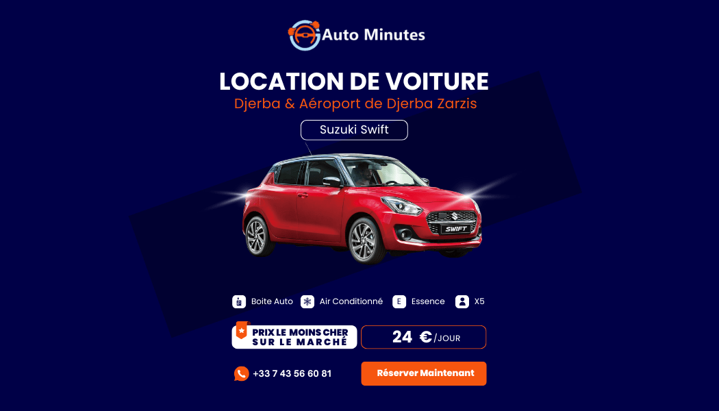 Location voiture Tunisie – Aéroport Djerba Mellita : votre voiture vous attend dès votre arrivée